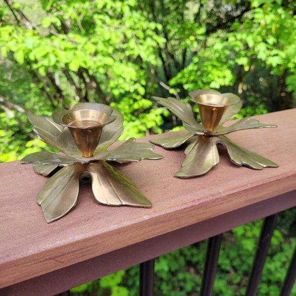 Vintage Pair Brass Lily Lotus Flower Candleholders